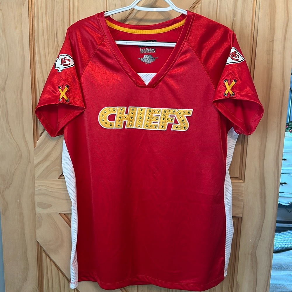 KC Kansas City Chiefs Women’s Bling Jersey Shirt NFL Team Apparel